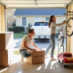 Couple unpacking moving boxes in garage of new suburban home