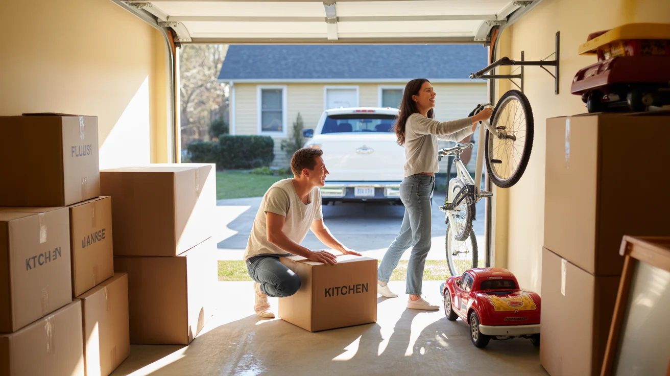 Couple unpacking moving boxes in garage of new suburban home