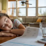 Young girl naps on living room couch under a ceiling fan in Santa Ana, CA home