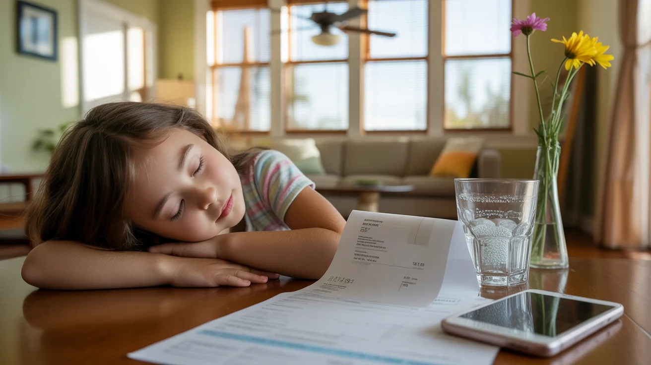 Young girl naps on living room couch under a ceiling fan in Santa Ana, CA home