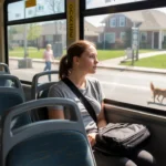 A young woman commuting alone on a Pace bus in Bolingbrook, IL on a quiet suburban morning