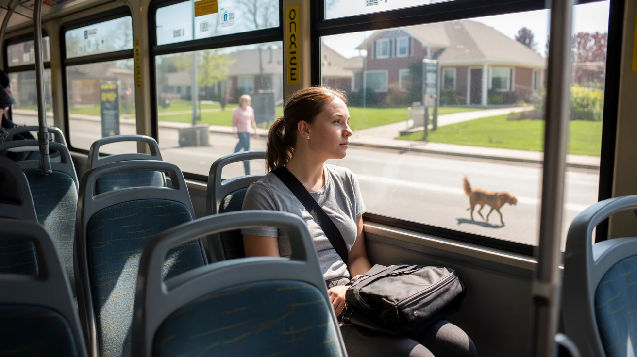 A young woman commuting alone on a Pace bus in Bolingbrook, IL on a quiet suburban morning