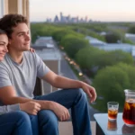 Couple relaxing on apartment balcony at sunset in Irving, Texas