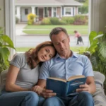 Couple reading together on couch in cozy, plant-filled Thornton living room