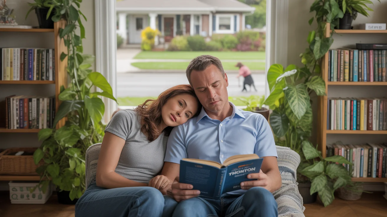 Couple reading together on couch in cozy, plant-filled Thornton living room