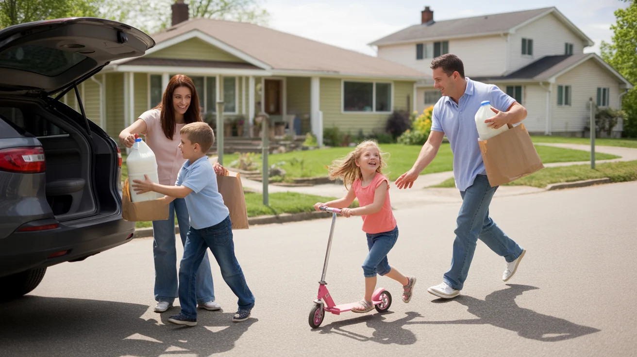 A family unloads groceries from their car outside their suburban home in Elgin, Illinois