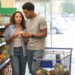 A young couple shops for groceries together at a discount store in Murrieta, CA
