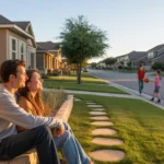Couple sitting on front steps of suburban home in Irving, Texas at sunset