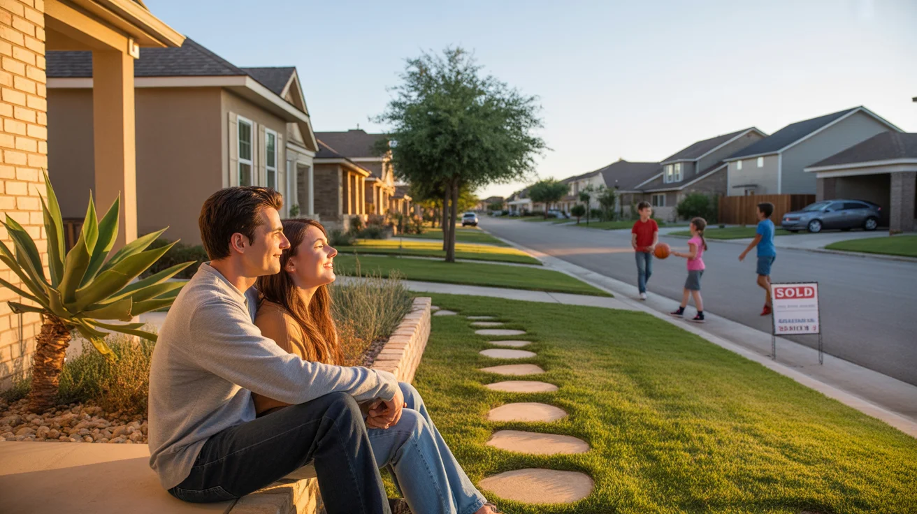 Couple sitting on front steps of suburban home in Irving, Texas at sunset