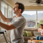 Man adjusting blinds to block sunlight in living room while woman works on laptop