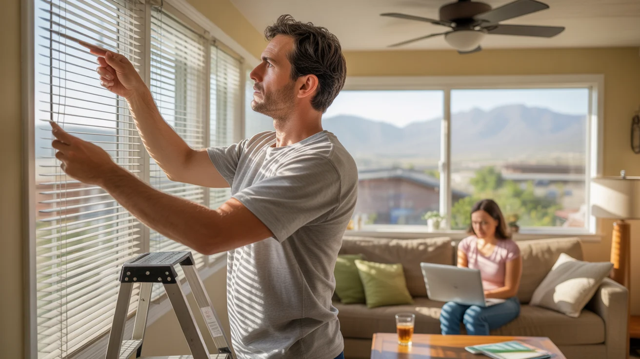 Man adjusting blinds to block sunlight in living room while woman works on laptop