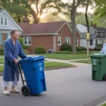 Neighbors in Chapel Hill taking out recycling and trash bins on a quiet morning street