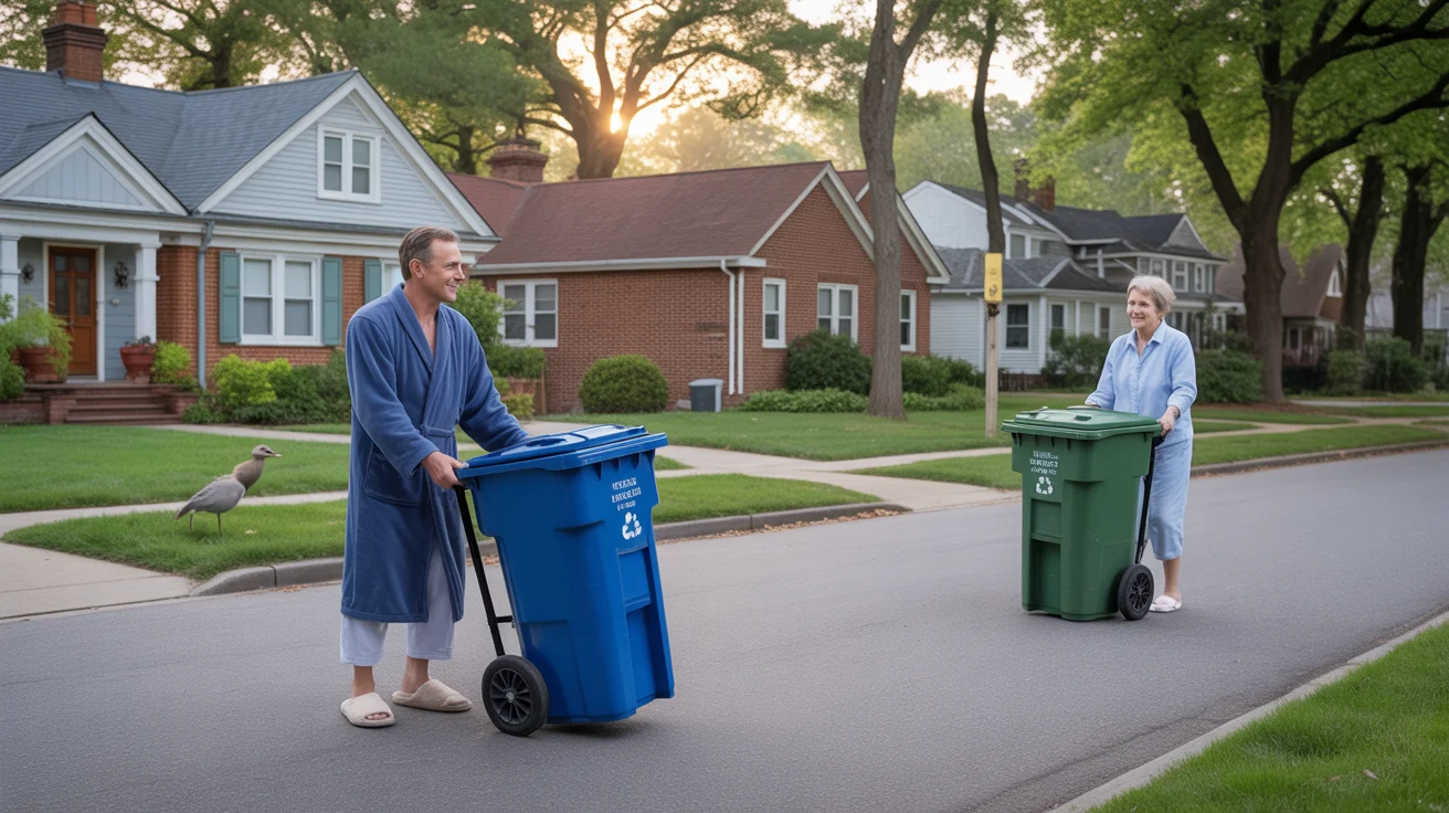 Neighbors in Chapel Hill taking out recycling and trash bins on a quiet morning street