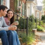 Couple drinking coffee on townhome steps in Wheaton IL
