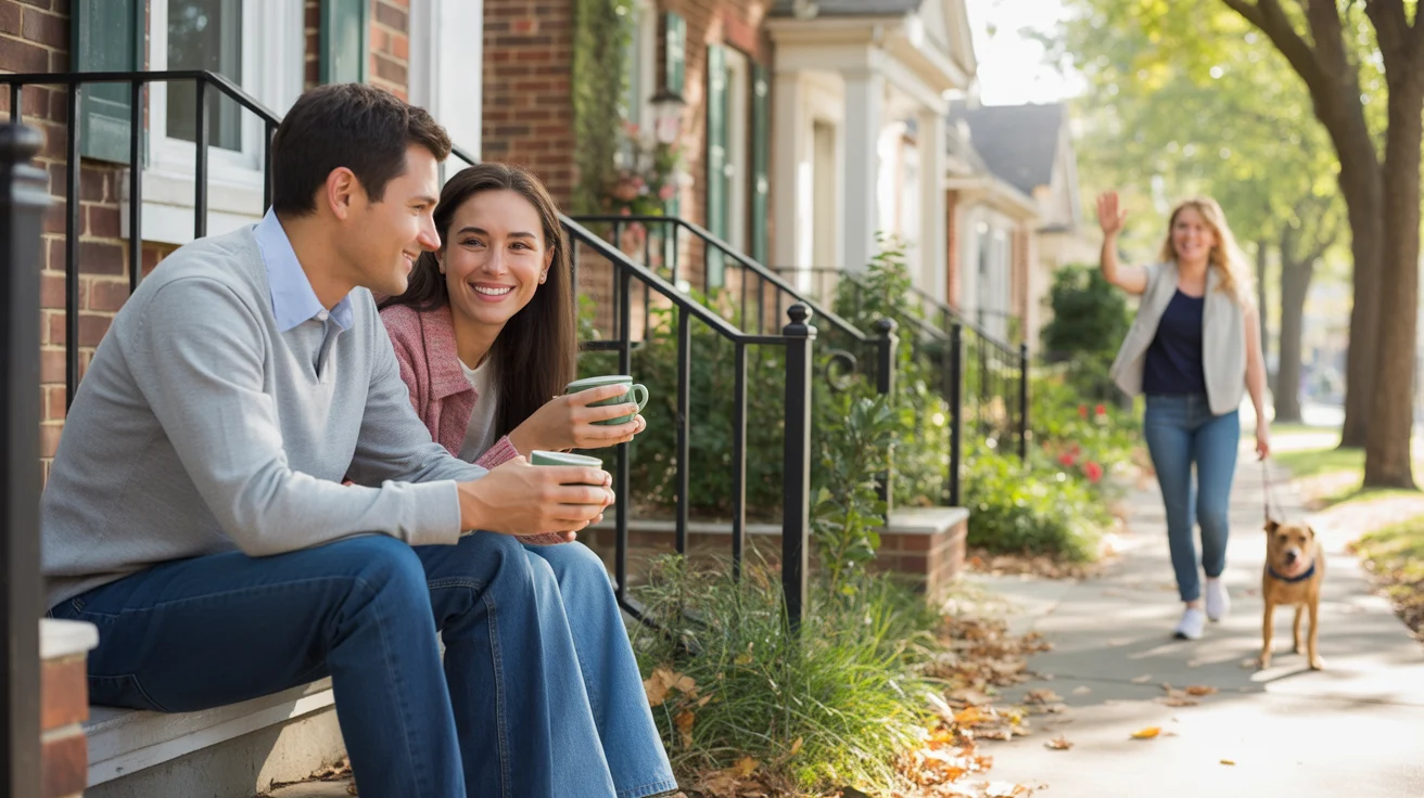 Couple drinking coffee on townhome steps in Wheaton IL