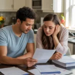 Couple reviewing bills and contracts at kitchen table in new home