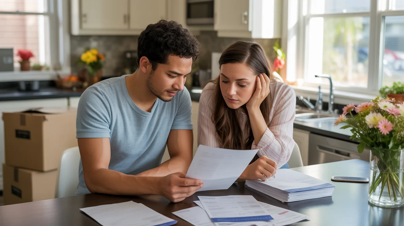 Couple reviewing bills and contracts at kitchen table in new home