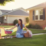 A young mother folds laundry on her front porch while her toddler plays with a toy stroller on the lawn of their Stonecrest home.