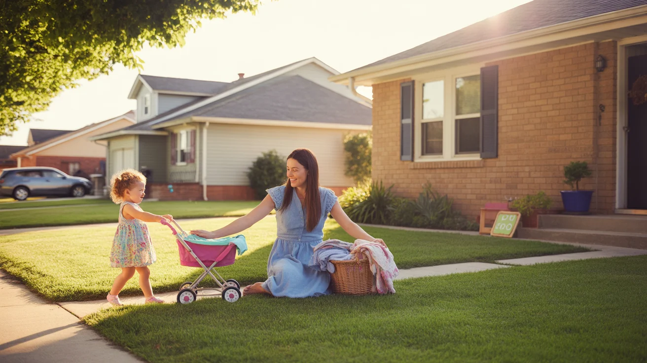 A young mother folds laundry on her front porch while her toddler plays with a toy stroller on the lawn of their Stonecrest home.