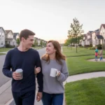 A couple walking through their Thornton neighborhood on a sunny morning, past a row of similar suburban homes.