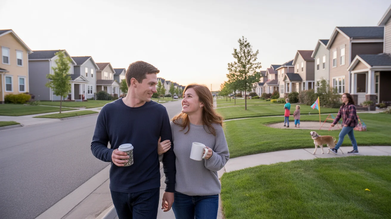 A couple walking through their Thornton neighborhood on a sunny morning, past a row of similar suburban homes.