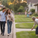 Couple walking dog on residential street in Elgin, IL at sunset
