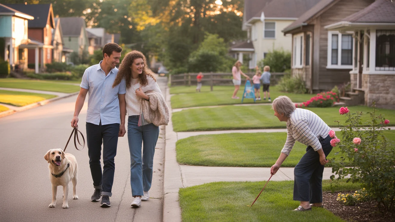 Couple walking dog on residential street in Elgin, IL at sunset
