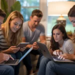Friends hanging out in an Orlando living room using devices