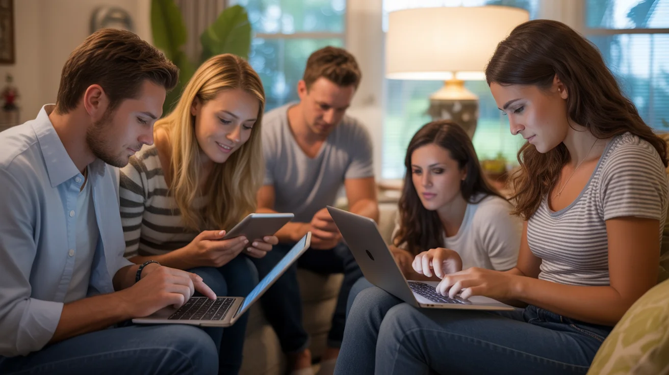 Friends hanging out in an Orlando living room using devices