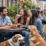 A group of friends enjoying drinks with their dogs at an outdoor cafe table in Pearland, TX