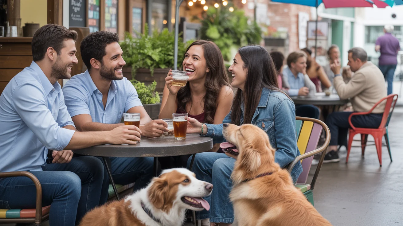 A group of friends enjoying drinks with their dogs at an outdoor cafe table in Pearland, TX