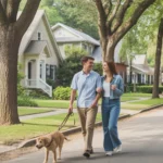 Couple walking dog on peaceful residential street in Concord, North Carolina
