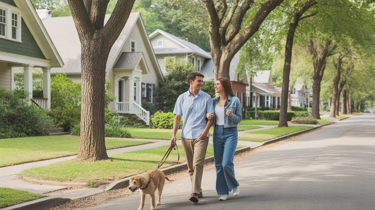 Couple walking dog on peaceful residential street in Concord, North Carolina