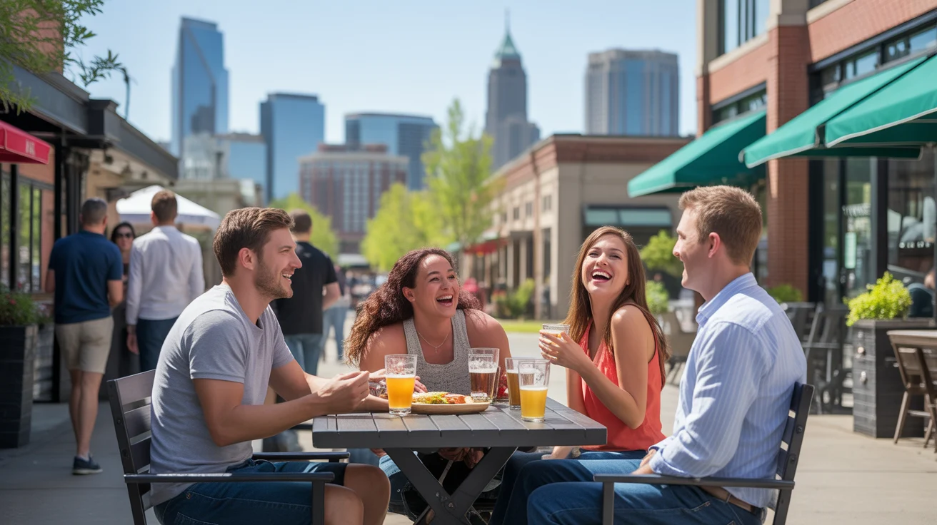 Friends dining on patio of popular brewery with Charlotte skyline in background