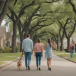 A family walking their dog through a charming Georgetown, TX neighborhood