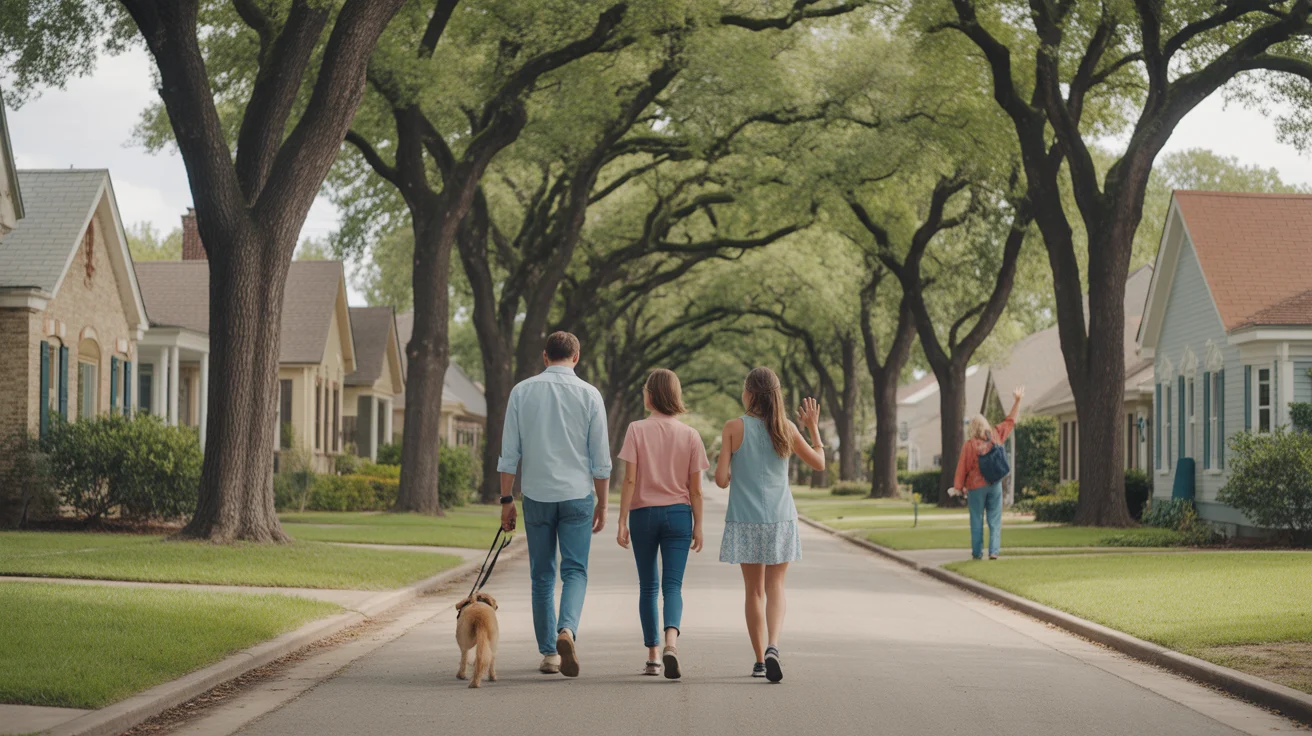A family walking their dog through a charming Georgetown, TX neighborhood