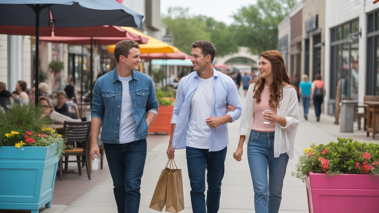 Friends window shopping at an outdoor mall in Round Rock, TX
