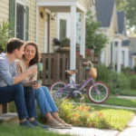 Couple drinking coffee on front steps of Concord townhome