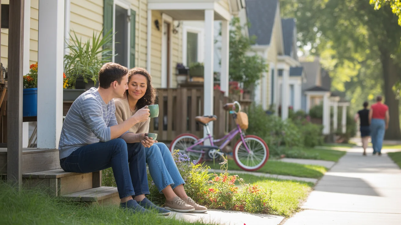 Couple drinking coffee on front steps of Concord townhome