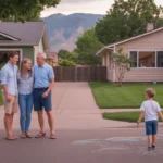 Neighbors chatting while children play in a driveway between suburban homes in Centennial, Colorado.