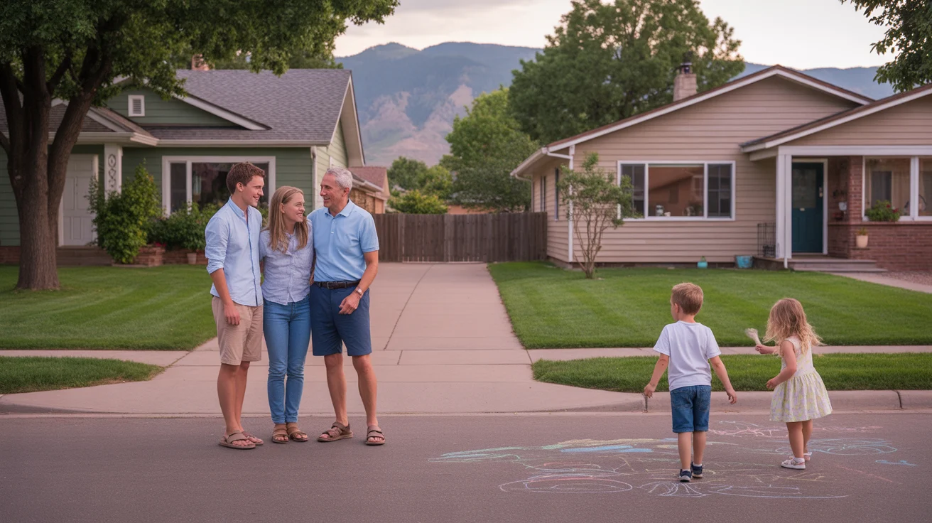 Neighbors chatting while children play in a driveway between suburban homes in Centennial, Colorado.
