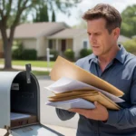 Man checking mail by community mailbox in Sunrise Manor neighborhood