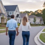 Couple walking through Charlotte neighborhood at sunset