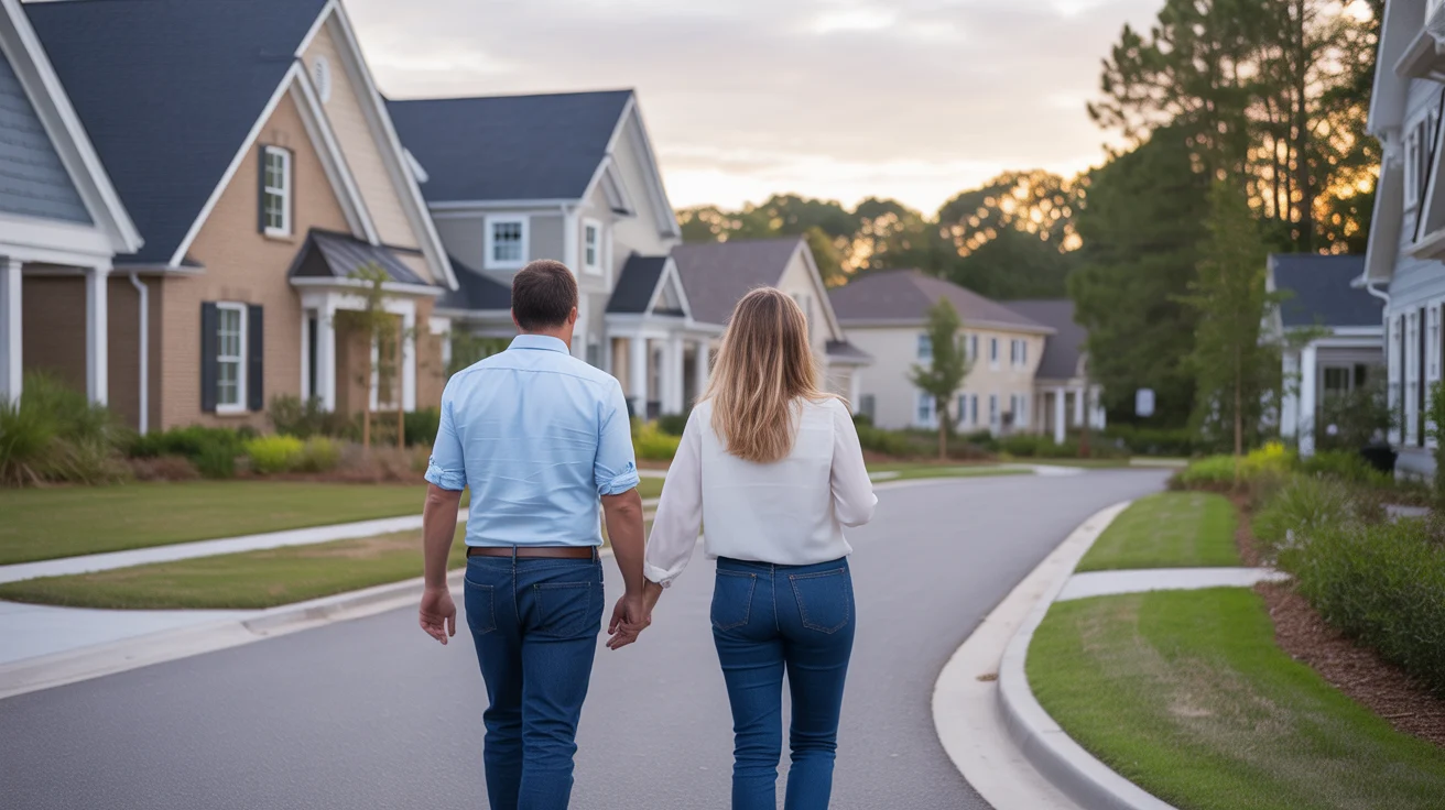 Couple walking through Charlotte neighborhood at sunset