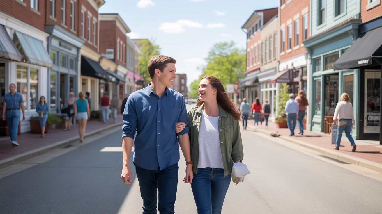 Friends walking along downtown Concord street with shops and apartments