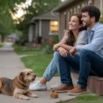 Couple sitting on front steps of house with dog