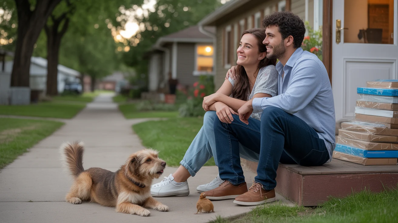 Couple sitting on front steps of house with dog