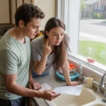Young couple looking at utility bill in sunny kitchen in Centennial, Colorado home