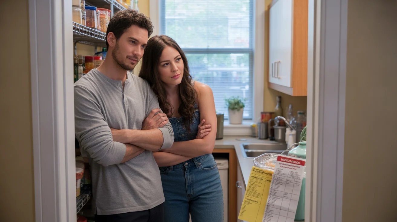 Roommates checking pantry inventory before grocery shopping in Chicago apartment kitchen