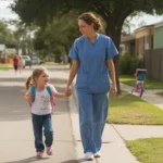 Single mother in scrubs walking home with young daughter from daycare in Orlando neighborhood